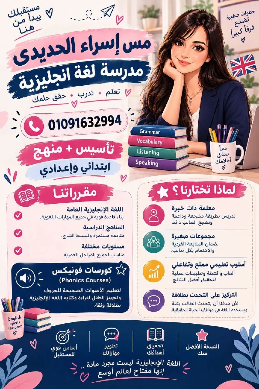 مس إسراء الحديدي - تأسيس اللغة الإنجليزية للأطفال | جريدة تحت الضوء