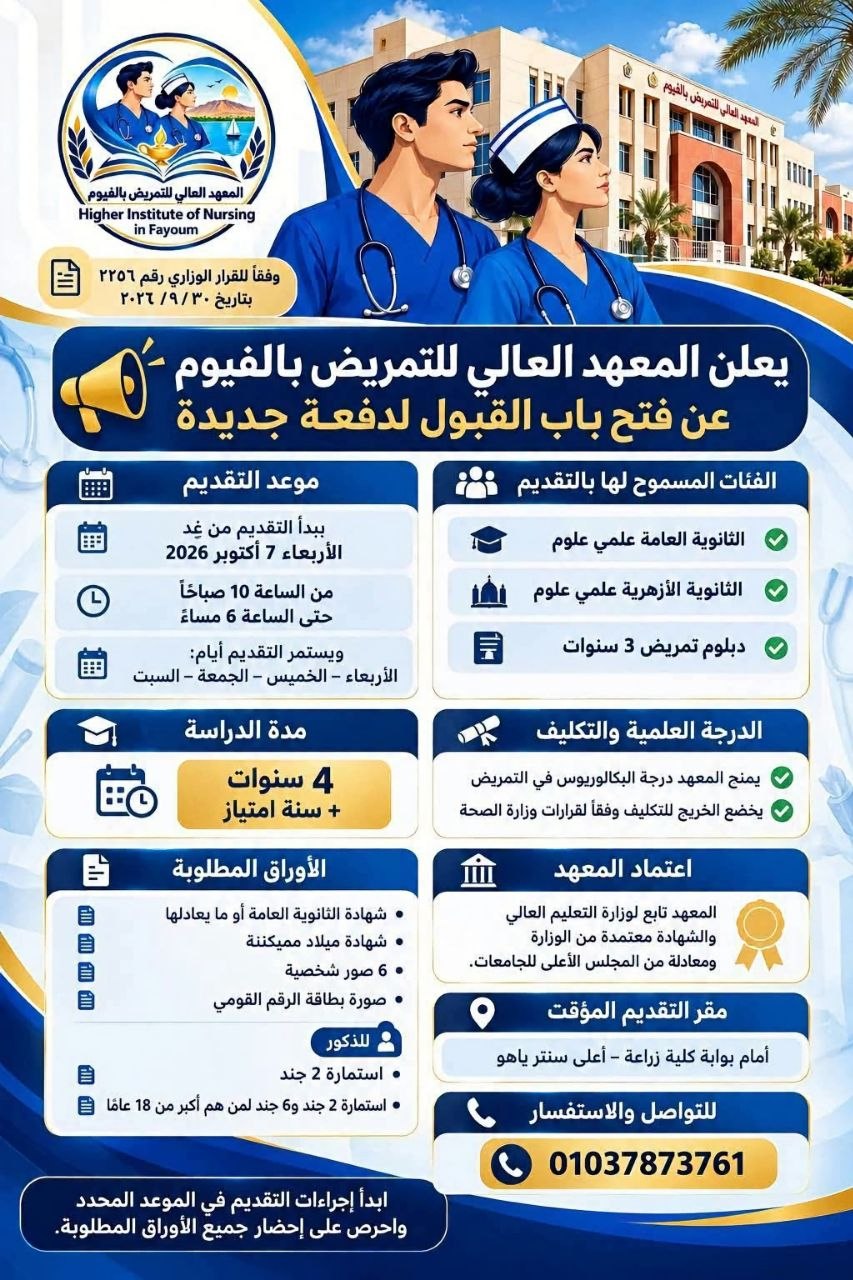 المعهد العالي للتمريض بالفيوم - قبول المعهد العالي للتمريض بالفيوم | جريدة تحت الضوء